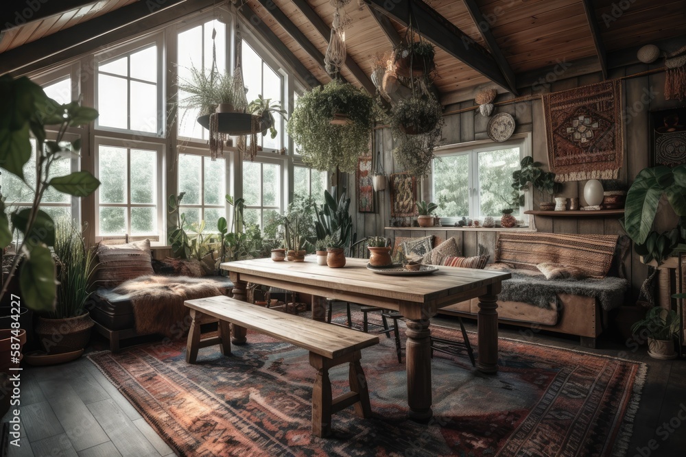 Bohemian dining table close up, living room with couch in dark wooden mezzanine with gabled ceiling, bohemian style. Decorated potted plants. Country decor,. Generative AI