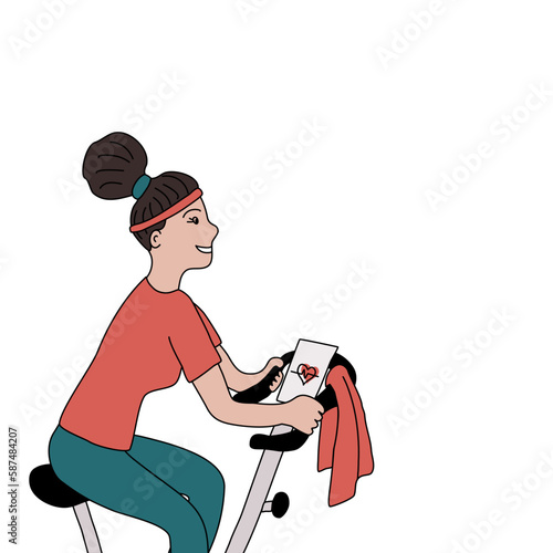 Woman on bicycle doing spinning sport activities or fitness class, doodle vector with place for text