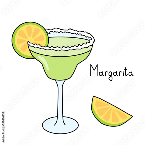 Margarita cocktail in glass with salt rim and lime slice, doodle style vector