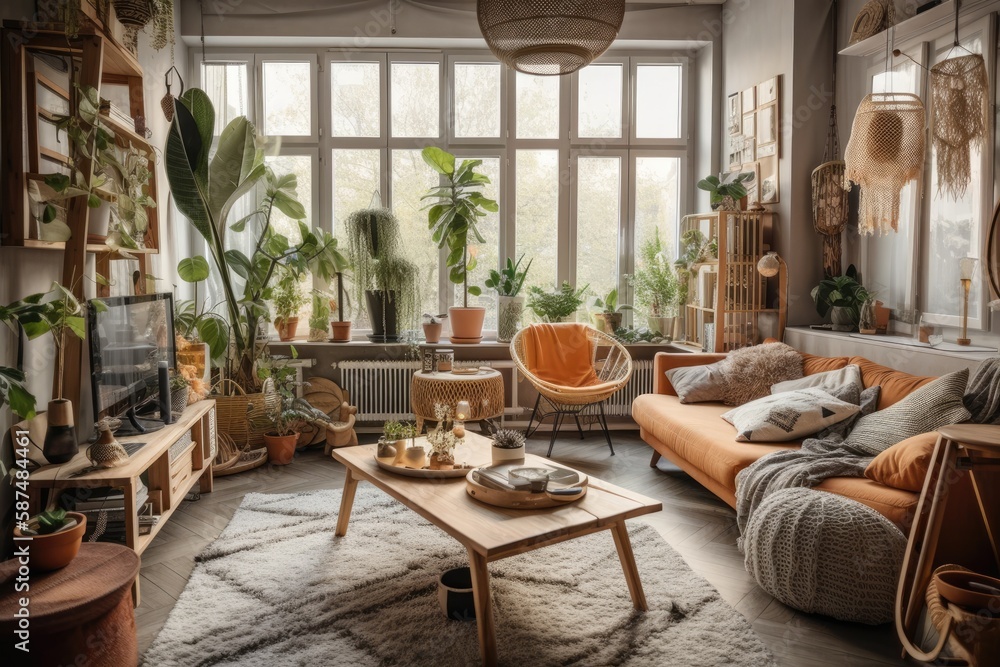 Boho apartment living room with beautiful coffee table, gray couch, honey yellow cushions, desk, chair, wooden cube, plants, and lovely accessories. Warm house decor. Generative AI