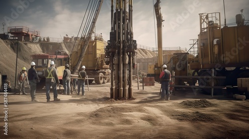 Employees with helmets at the dirty drilling rig in the mud Generative AI