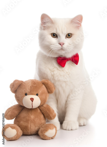 Cute white cat with a red bow and a cute teddy bear, mothers day card