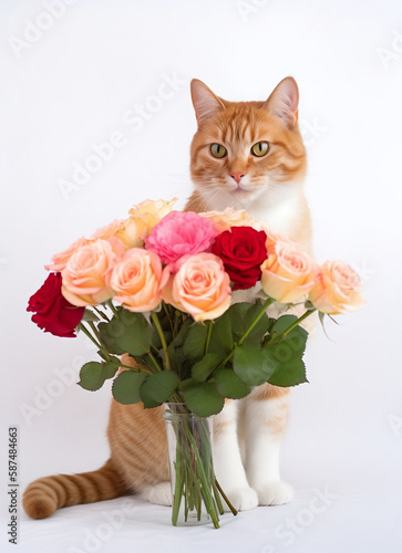 A cute adorable cat holding a bunch of flowers  mothers day card.