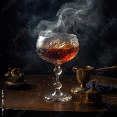 A smoky and mysterious cocktail, captured in a stunningly cinematic shot that evokes a sense of intrigue and sophistication.