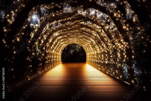 Lighting line hang on curve decor in nature fairy tunnel in christmas night with bokeh among terrace walk way. generative AI