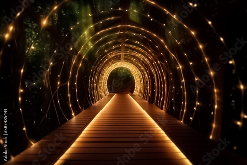 Lighting line hang on curve decor in nature fairy tunnel in christmas night with bokeh among terrace walk way. generative AI © Surachetsh