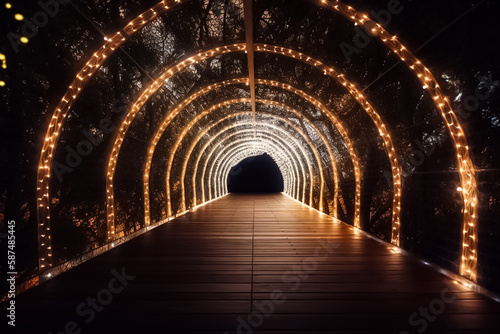 Lighting line hang on curve decor in nature fairy tunnel in christmas night with bokeh among terrace walk way. generative AI