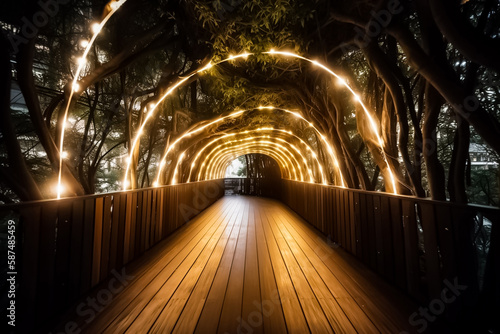 Lighting line hang on curve decor in nature fairy tunnel in christmas night with bokeh among terrace walk way. generative AI © Surachetsh