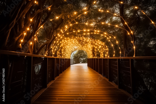 Lighting line hang on curve decor in nature fairy tunnel in christmas night with bokeh among terrace walk way. generative AI