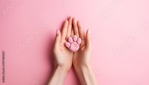 Pink Paw in Gentle Hands on Pink Background with Free Space, Generative AI 