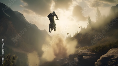Mountain bike cross downhill jump in the mountains with a great dramatic panorama Generative AI