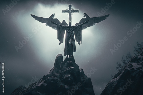 Tablou canvas "High Priest Brandishing Crucifix in Defiance" Generative AI