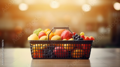 Supermarket Basket Full of Fruits and Vegetables with Copy Space