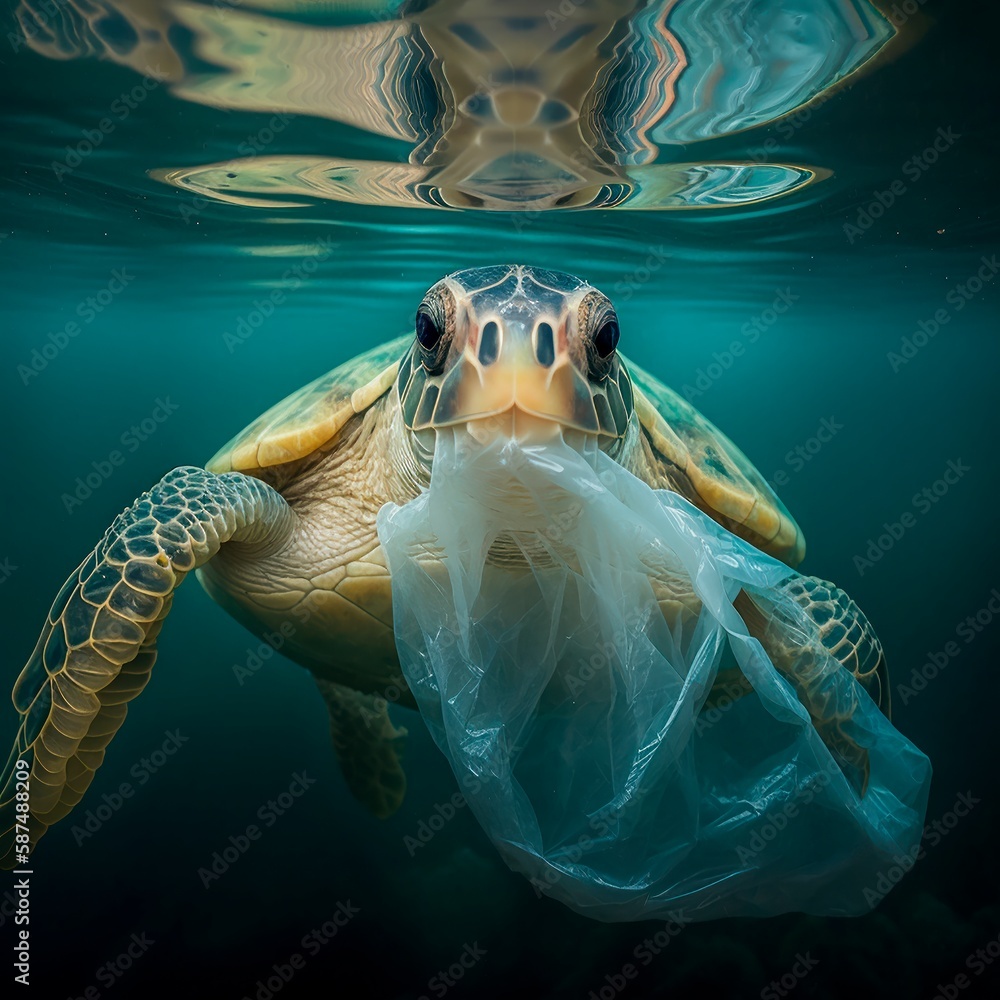 Turtle eating a plastic bag in the sea. Plastic pollution in ocean ...