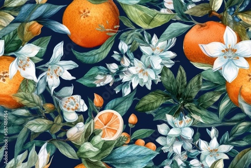 still life painting featuring oranges and flowers on a blue backdrop. Generative AI