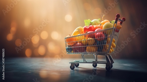 Supermarket Shopping Cart Full of Fruits and Vegetables with Copy Space