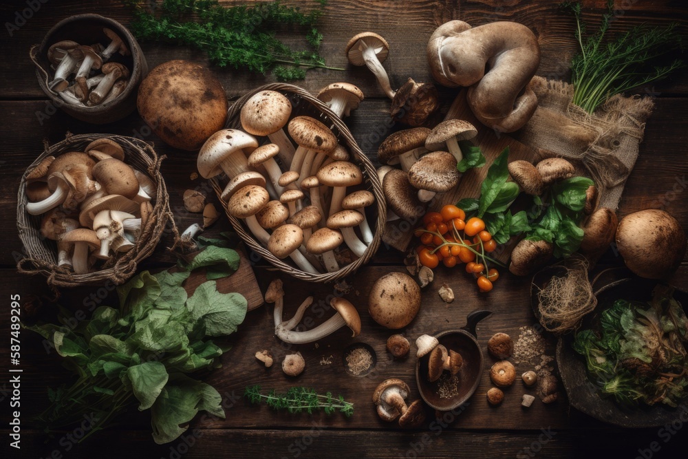 Organically grown Garden grown produce and wild mushrooms. Vegetarian culinary items with a border on a dark rustic wooden background. Generative AI Organically grown Garden grown produce and wild mushrooms. Vegetarian culinary items with a border on a dark rustic wooden background. Generative AI