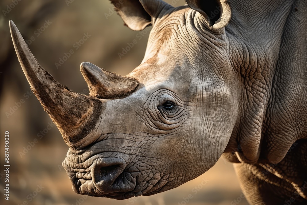 Fototapeta premium Rhinoceros Head Portrait, Diceros Bicornis. Generative AI