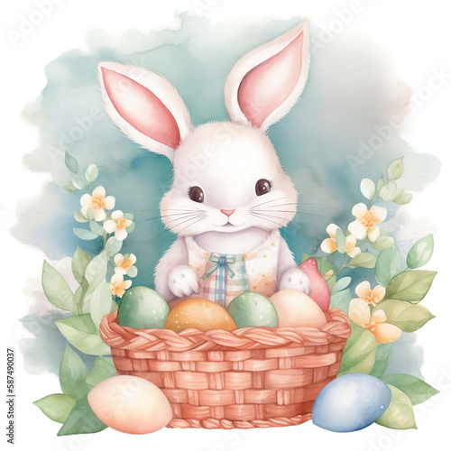 Watercolor illustration for Easter with a cotton bunny holding a basket of colorful eggs created with Generative AI technology