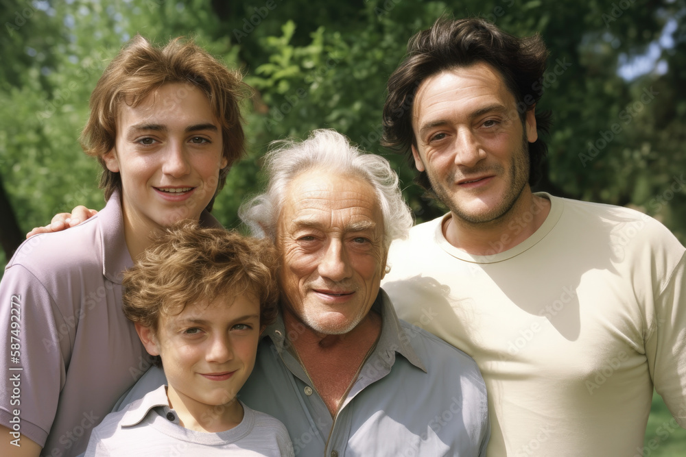 Two boys with their father and grandfather. Three generations of a caucasian white family. High quality generative AI Two boys with their father and grandfather. Three generations of a caucasian white family. High quality generative AI