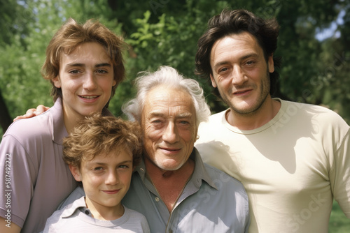 Two boys with their father and grandfather. Three generations of a caucasian white family. High quality generative AI