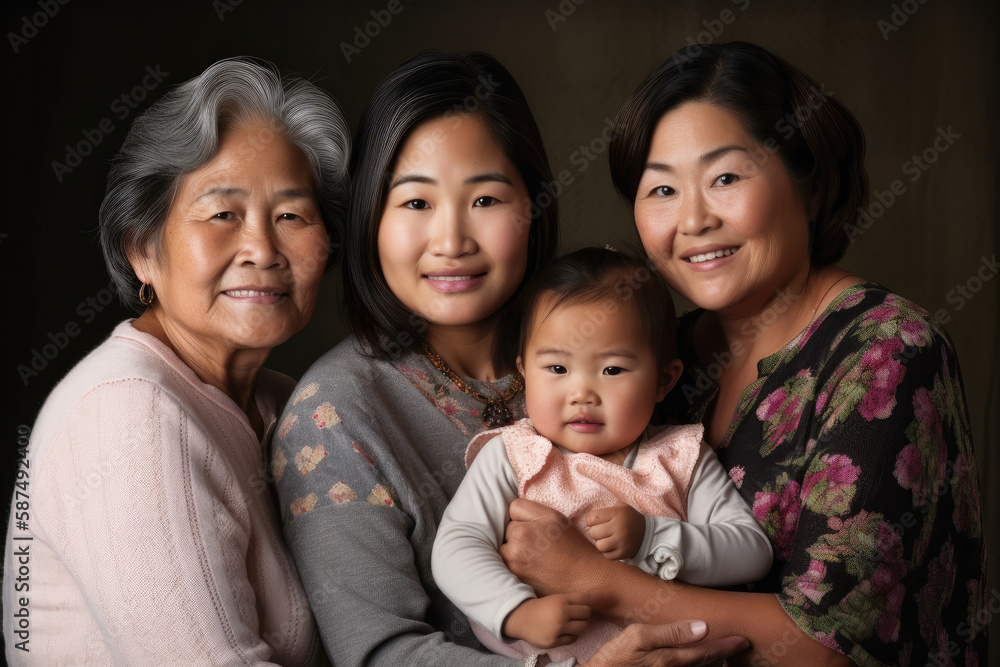 Young child, mom, grandmother and her sister, and great grandmother. Four generations of Asian family. High quality generative AI Young child, mom, grandmother and her sister, and great grandmother. Four generations of Asian family. High quality generative AI