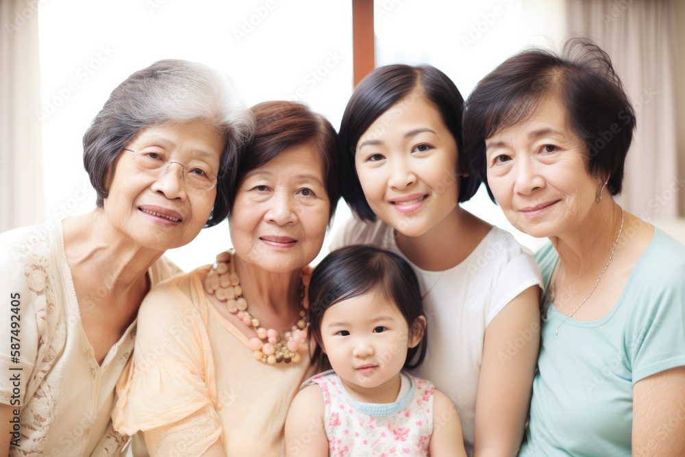 Young daughter daughters, mom a and her sister and grandmother. Three generations of Asian family. High quality generative AI Young daughter daughters, mom a and her sister and grandmother. Three generations of Asian family. High quality generative AI