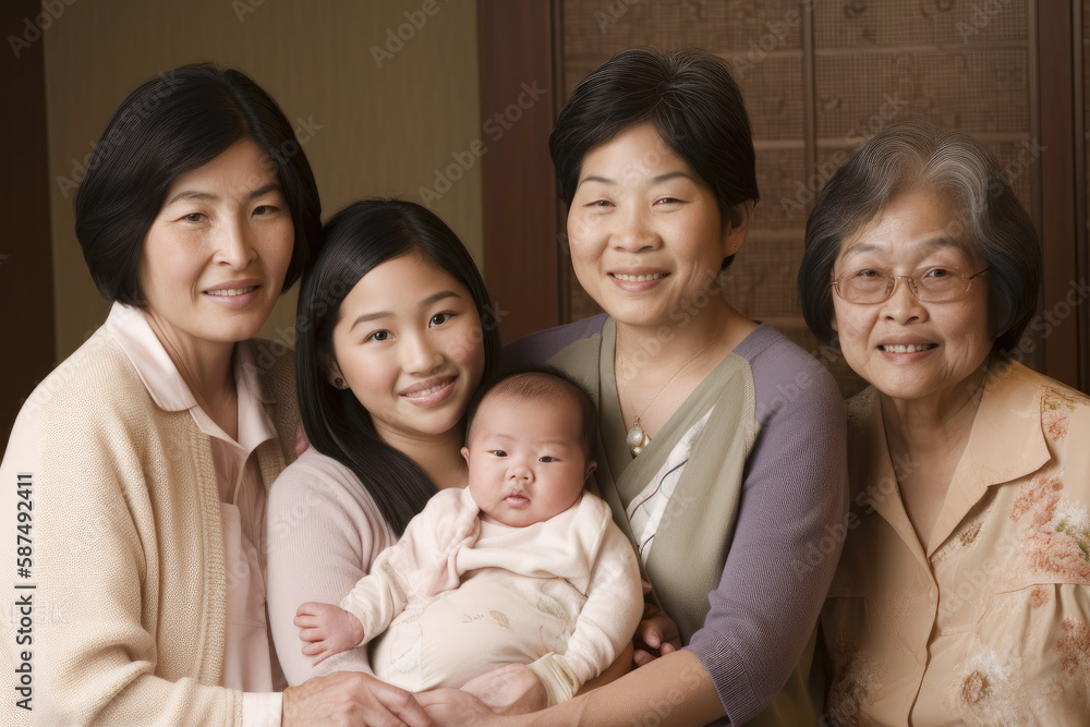 Young child, mom, grandmother and her sister, and great grandmother. Four generations of Asian family. High quality generative AI Young child, mom, grandmother and her sister, and great grandmother. Four generations of Asian family. High quality generative AI