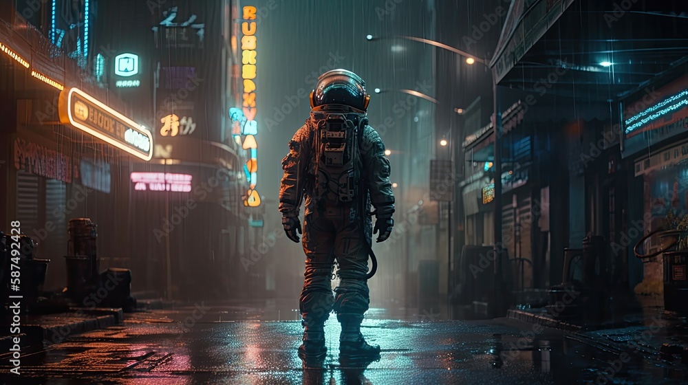 Fototapeta premium astronaut seen from afar in a neon city