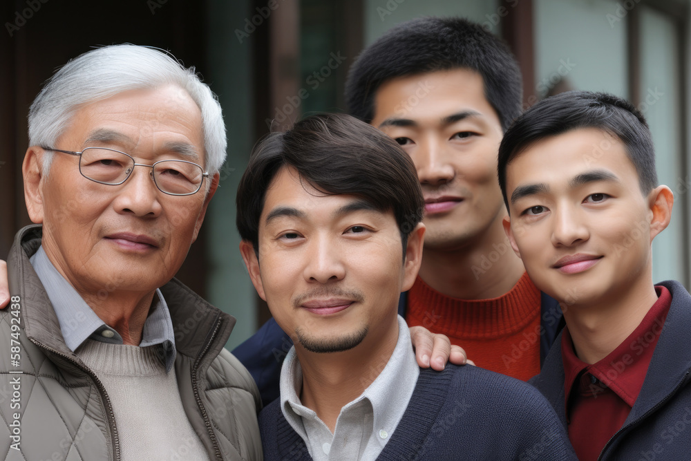 Father with three sons, Asian family. High quality generative AI Father with three sons, Asian family. High quality generative AI