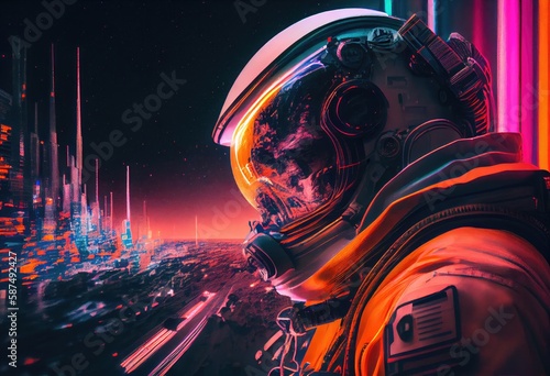astronaut seen from afar in a neon city