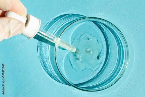 Petri dish. With transparent gel. A gloved hand holds a dispenser, a pipette. On a blue background.