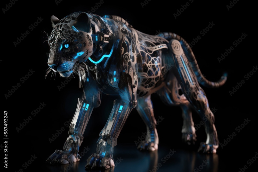 Fototapeta premium Blue Cheetah Electronic Robot Background Generative AI