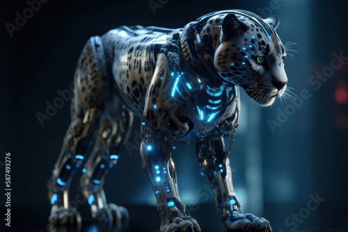 Blue Cheetah Electronic Robotic Creature Background Generative AI