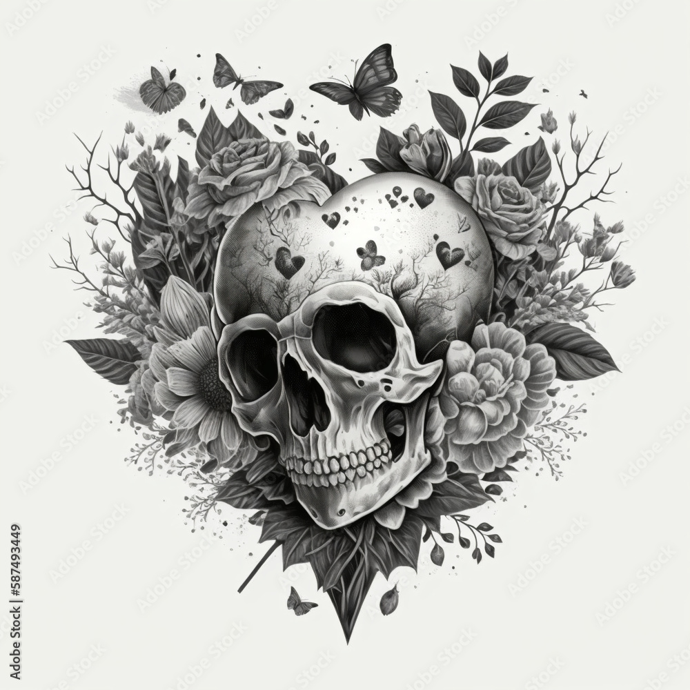 Obraz premium A tattoo illustration, Black and white, sketch, Skull, floral, hearts, roses, Created with Generative AI