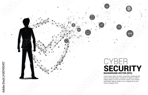 Vector Silhouette of businessman with Protection shield icon from dot connect line polygon network. concept of guard security and safety © Panithan
