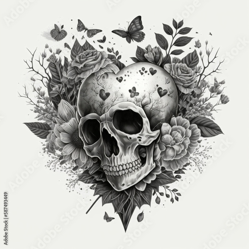 A tattoo illustration, Black and white, sketch, Skull, floral, hearts, roses, Created with Generative AI