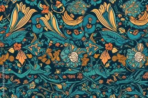 floral wallpaper design in blue and yellow. Generative AI
