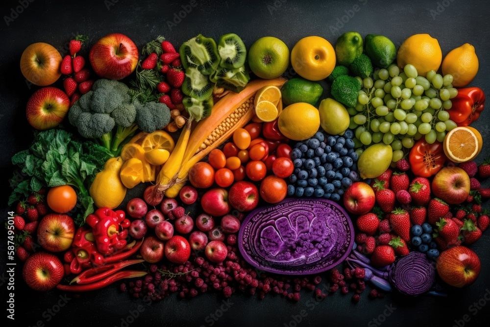 colorful array of fresh fruits and vegetables on a wooden cutting board. Generative AI