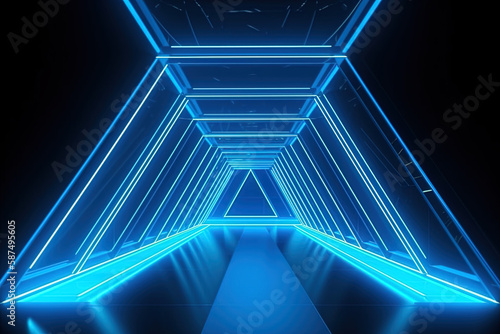 Mesmerizing Neon Blue Triangular Tunnel: A 3D Geometric Dreamscape