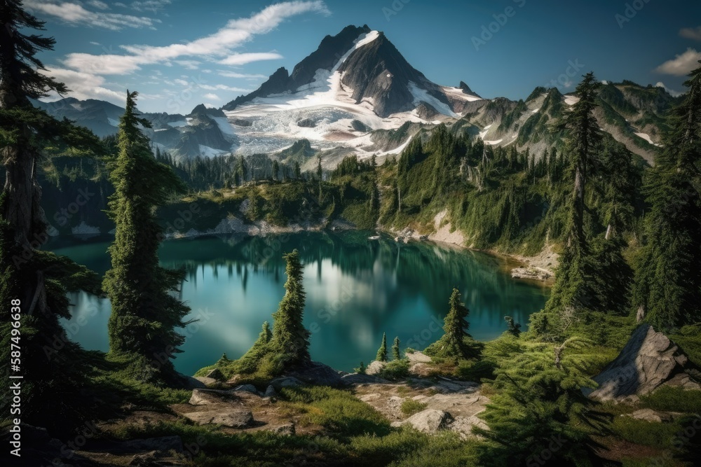 Glacier Peak and a lake can be seen in Washington, USA. Generative AI