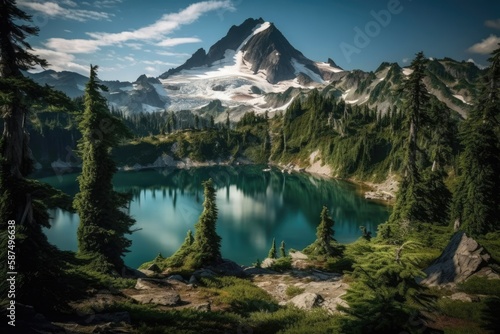 Glacier Peak and a lake can be seen in Washington, USA. Generative AI © AkuAku