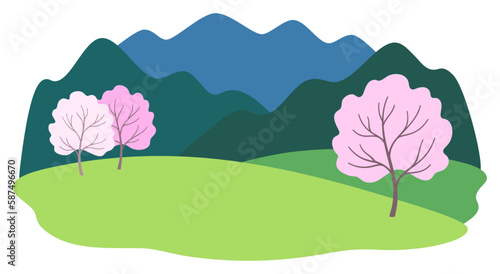 Mountain landscape with blossoming cherry trees photo