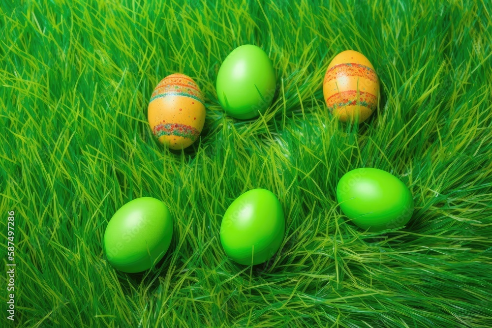 Green grass and Easter eggs. Idea of the spring holidays. Generative AI Green grass and Easter eggs. Idea of the spring holidays. Generative AI