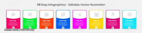 8 Steps Infographics Design Template - Graph, Pie chart, workflow layout, squire diagram, brochure, report, presentation, web design. Editable Vector illustration