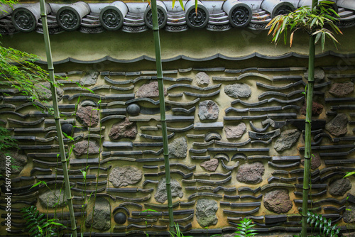 Traditional textures, Hakata traditional wall which is kneading stones and tiles with bamboo  photo