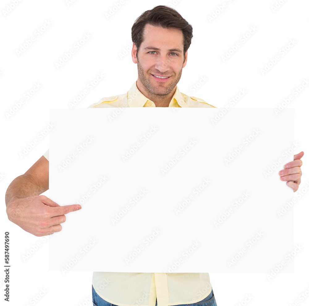 Handsome man smiling and pointing white poster Handsome man smiling and pointing white poster