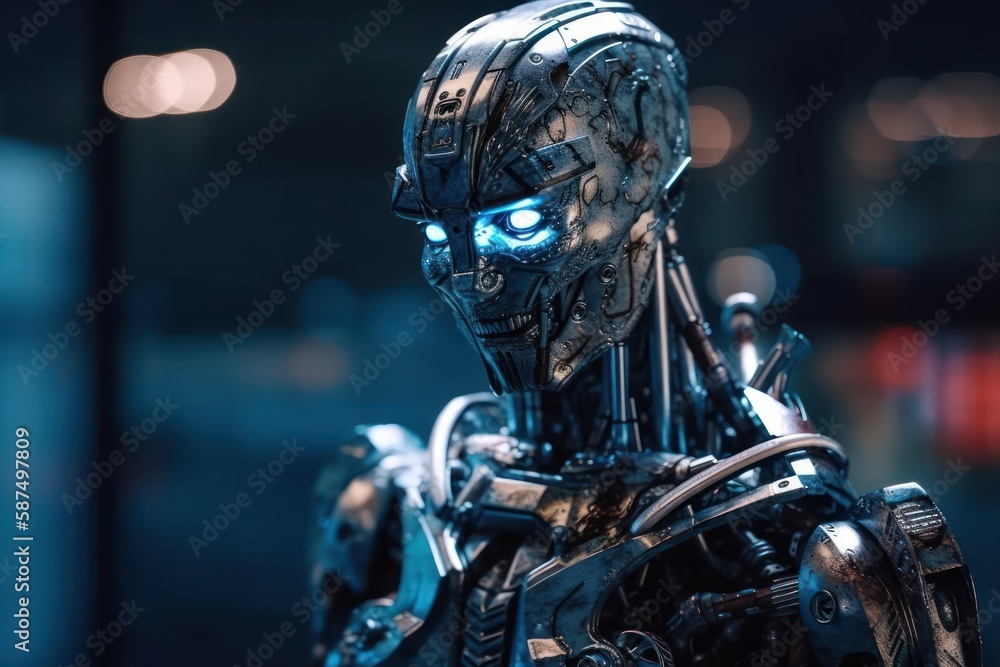 Fototapeta premium Blue Silver Electronic Robot Portrait Generative AI