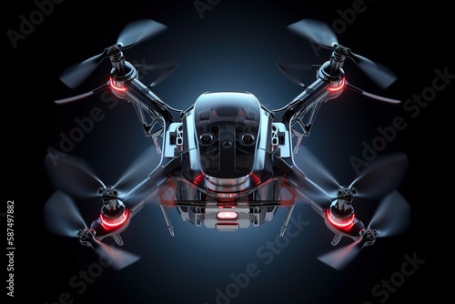 Realistic quadrocopter drone with propeller fans, front view, smmetrical, glowing backlit details on black background, AI generative © Friedbert