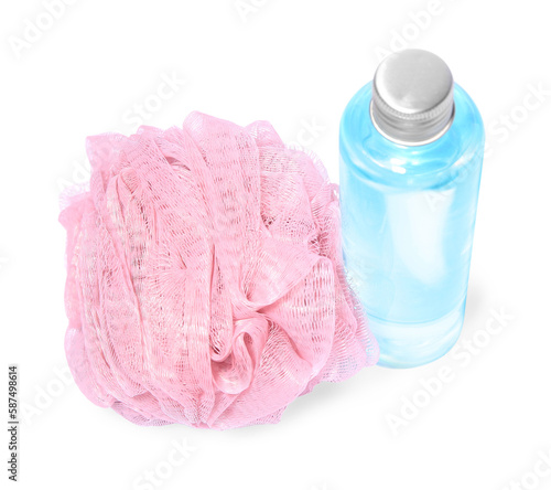 New pink shower puff and bottle of cosmetic product on white background